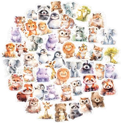 50 Stuks Schattige Dier Stickers voor Kinderen, Waterverf Kawaii Safari Stickers, Waterdichte Zelfklevende Cartoon Dier Stickers voor Laptop, Scrapbook en Waterfles