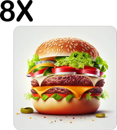 Luxe Placemat - Heerlijke Hamburger op Lichte Achtergrond - Set van 8 Placemats - 50x50 cm - 2 mm dik Vinyl - Anti Slip - Afneembaar
