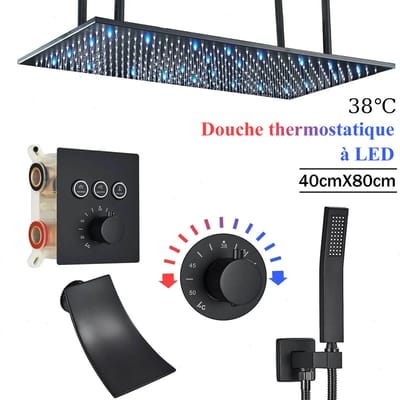 Thermostatische Douchesysteem met LED Plafonddouche 40x80cm - Luxe Mat Zwarte Regendoucheset voor Badkamer Inbouw thermostaat douche