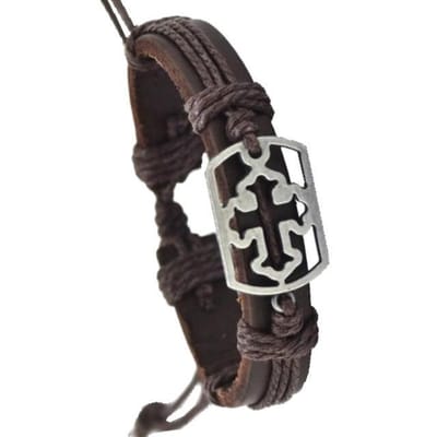Fako Bijoux® - Leren Armband - Leder - Kruis Open Rechthoek - Bruin