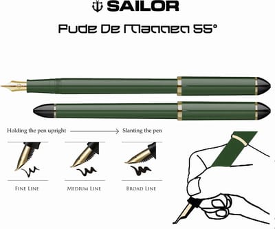 Sailor Fude-De-Mannen Script Kalligrafie Pen "Wakatake" Bamboe Groen, Nib Angle 55 °C Degrees + 14 Cartridges Kleur Inkt: Zwart