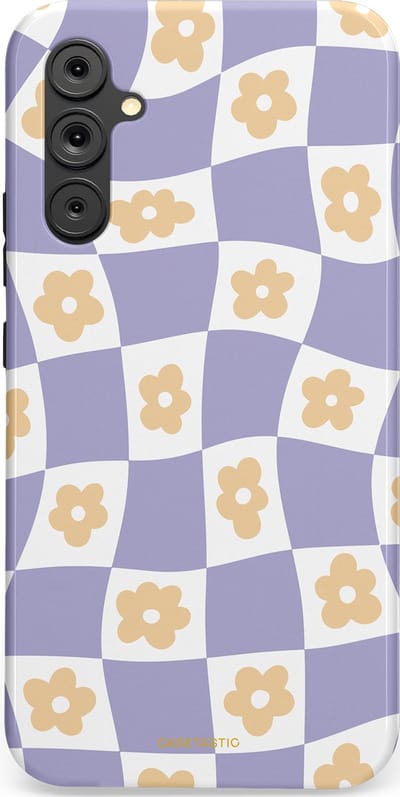 Casetastic hoesje geschikt voor Samsung Galaxy A34 (2023) 5G - Dubbellaagse bescherming - Kronkelende madeliefjes - Fashion Case - Lila Wit Zand Lichtgrijs
