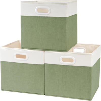 Vouwbare Opbergdozen voor Kleding en Speelgoed, 25 x 25 x 25 cm, Wasbaar en Ruimtebesparend (Groen/Wit, Set van 3)