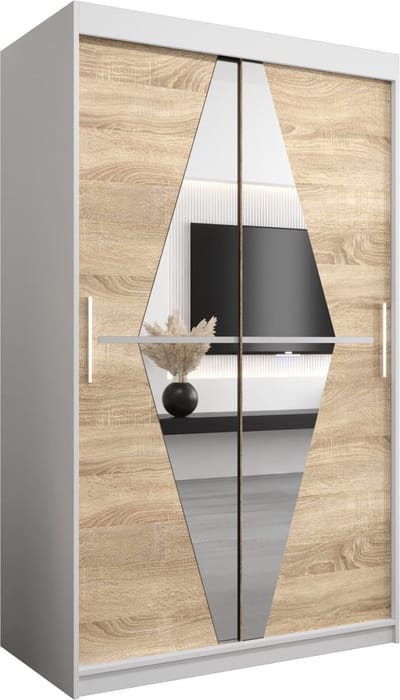 InspireMe - Kledingkast met 2 schuifdeuren, Modern-stijl, Een kledingkast met planken en een spiegel (BxHxD): 120x200x62 - BOLA 120 Wit Mat + Sonoma Eik