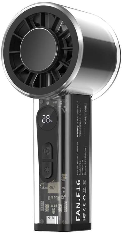 Turbofan Handventilator met Actieve IJskoeling - Krachtige Mini Ventilator met 100 Standen - Oplaadbare Zakventilator 3000 mAh met LED-Display - Zwart