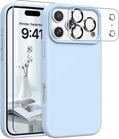 Stravo Siliconen Hoesje geschikt voor iPhone 17 Pro , Lichtblauw, Met 1X Screenprotector + 1X Cameralensbeschermer, [Zachte Krasbestendige Microvezelvoering], Vloeibare Siliconen Schokbestendige Beschermende Telefoonhoes