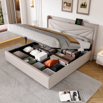 MEUNIQ tweepersoons bed 140x200 met opbergruimte, USB en Type-C in hoofdbord, lattenbodem en gestoffeerd design, bedframe voor slaapkamer, beige