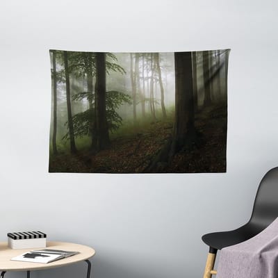 ABAKUHAUS Boswandtapijt, Mysterieuze Bossen Mistig, Woonkamer Slaapkamer Wanddoek Zijdezacht Satijn Wandtapijt, 150 x 100 cm, Witgroen Bruin