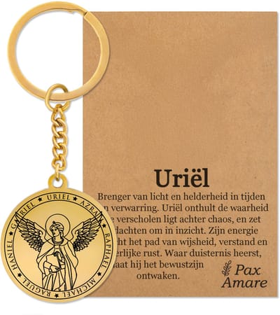 Beschermengel Uriël Sleutelhanger op Cadeau Kaartje – Spiritueel Cadeau van Roestvrij Staal – Goudkleurig – Pax Amare