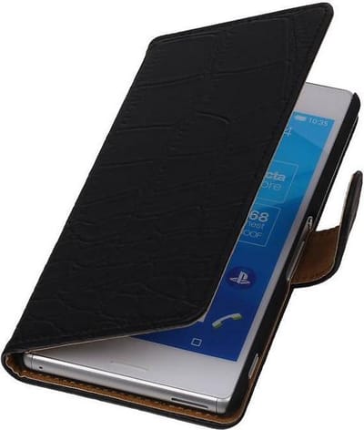 Croco Bookstyle Wallet Case Hoesjes Geschikt voor Sony Xperia M4 Aqua Zwart