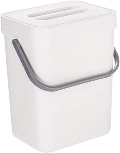 Tafelafvalemmer Kunststof - Keukenafvalbakje Compostbakje - Afvalscheiding Aanrecht - Met Bamboe Handvat - 5 Liter Inhoud - Wit