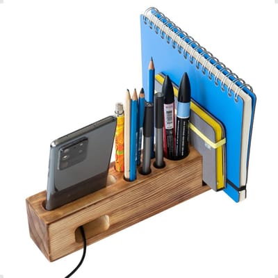 Houten Pennenhouder - Bureau Organizer - Kantoor Werkplek - Massief Hout Ontwerp - 25 x 6 x 5 cm
