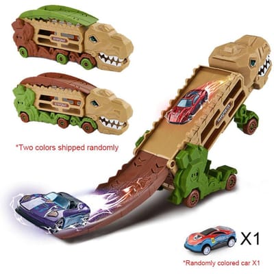 Dinosaurus Transport Vrachtwagen met Opvouwbaar Schuif Racebaan, Speelgoed voor Kinderen, Transformeerbare T-Rex Driewieler,