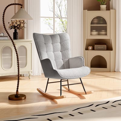 Schommelstoel, schommelstoel met Berber fleece-look, armleuningen, gewatteerde stoel met houten poten, relaxstoel voor woonkamer en slaapkamer, maximaal draagvermogen 120 kg,Lichtgrijs