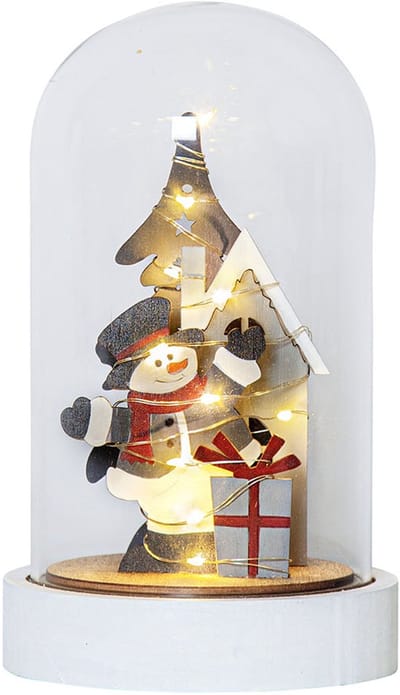 Star Trading LED kerstdecoratie 'Billy' met glazen koepel, houten sneeuwpop, 10 LED's, batterijen + timer, H 20 cm