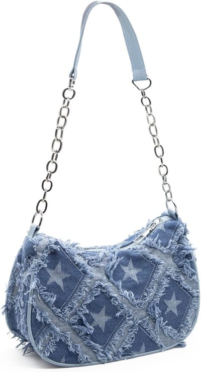 Padded Denim Schoudertas voor Dames met Sterrenpatroon, Clutch, Hobo en Kleine Tote Handtas met Ritsluiting