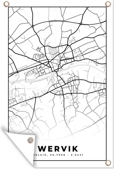 Muurdecoratie België – Wervik – Stadskaart – Kaart – Zwart Wit – Plattegrond - 120x180 cm - Tuinposter - Tuindoek