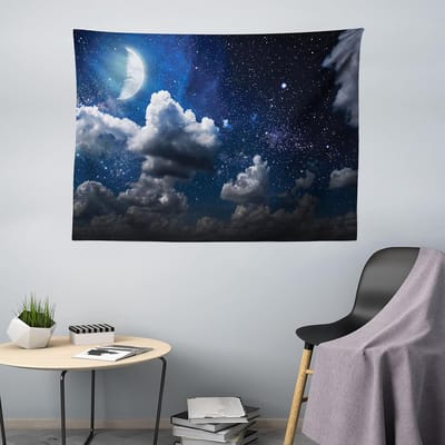 ABAKUHAUS Wandtapijt, Maanwolken Sterrennacht, Woonkamer Slaapkamer Wanddoek Zijdezacht Satijn Wandtapijt, 200 x 150 cm, Donkerblauw Wit
