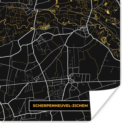 Poster Plattegrond - Kaart - Scherpenheuvel-Zichem - Stadskaart - Goud - 100x100 cm XXL