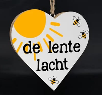 Teksthart xl hangend 25x25cm de lente lacht wit (zwart / geel)