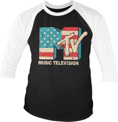 MTV Raglan top -S- Distressed USA Flag Zwart/Wit