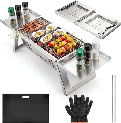 SP® BBQ Houtskool - Draagbare Houtskool BBQ Grill - Mini Opvouwbare Barbecue Grill met 4-standen Warmtecontrole - Zilver - 3cm x 22cm x 43cm