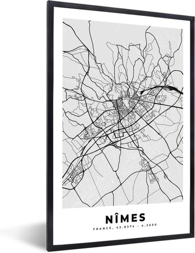 Fotolijst incl. Poster - Kaart - Stadskaart - Nîmes - Plattegrond - Frankrijk - 40x60 cm - Posterlijst