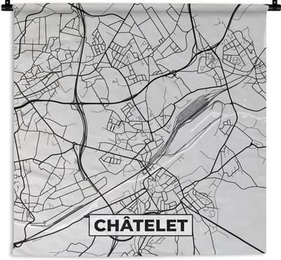 Wandkleed - Wanddoek - Zwart Wit – België – Plattegrond – Stadskaart – Kaart – Châtelet - 120x120 cm - Wandtapijt