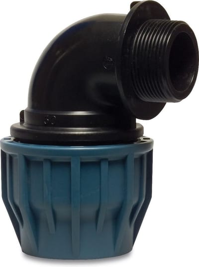 Jason Knie 90° PP 50 mm x 1 1/2" knel x buitendraad 16bar zwart/blauw DVGW/KIWA/WRAS/SVGW