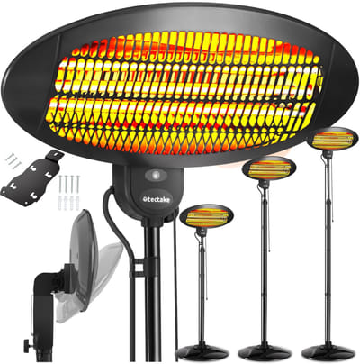 tectake® Infraroodstraler 2000W – Elektrische Terrasverwarmer met 3 Warmtestanden – Staand of Wandmontage – In Hoogte Verstelbaar – Kantelbare Verwarmingskop – Zwart