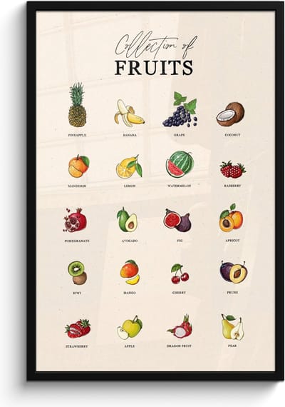 Fotolijst inclusief poster - Posterlijst 60x90 cm - Posters - Fruit soorten - Kleurrijk - Eten - Vintage - Foto in lijst - Keuken decoratie muur - Wanddecoratie accessoires - Muurdecoratie - Schilderijen