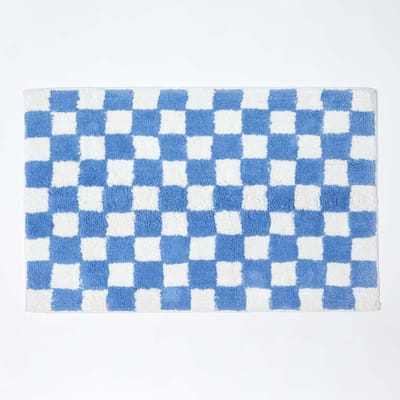 Homescapes antislip badmat blauw en wit met dambordpatroon, 50 x 80 cm