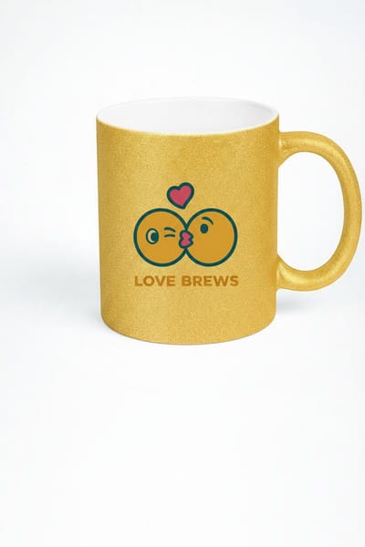 Gouden Glitter Mok 'Love Brews' Kus Emoji | Romantisch Cadeau Liefdesmok
