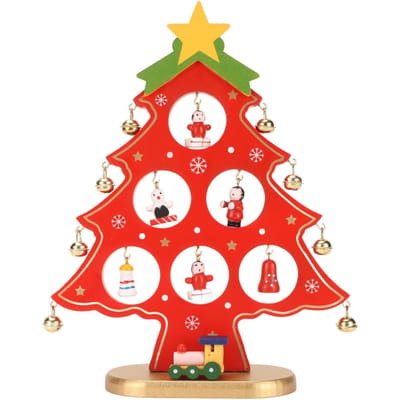 Décoration de Table Arbre de Noël en Bois Arbre de Noël de Bureau avec Mini Ornements pour Table rouge