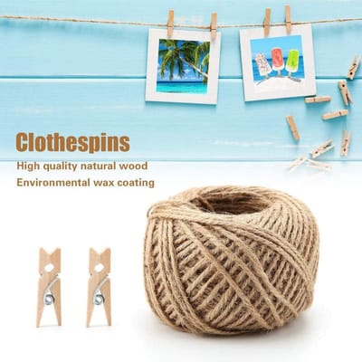 Fotoclips en Jute Touw Set - 250 Clips voor Foto's - Wanddecoratie, Bruiloft, Feest - Houten Clips en Jute Touw - Decoratie voor Polaroid en Verjaardag - 50m Jute Touw Inbegrepen