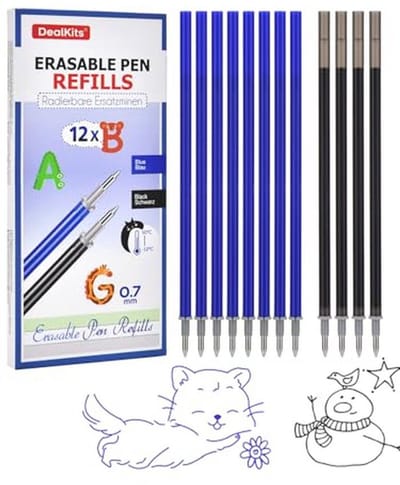 12 Stuks Uitwisbare Vullingen (8 Blauw + 4 Zwart) - 0.7mm Vullingen Voor Uitwisbare Stiften - Ideaal Voor School En Kantoor