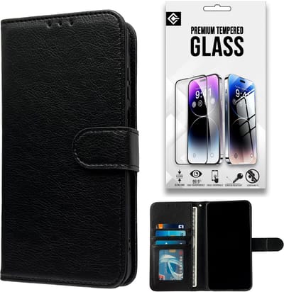 Casemania Hoesje en Glas Geschikt voor Samsung Galaxy A17 5G - Zwart - Luxe Portemonnee Book Case met Pasjeshouder - Wallet Case Telefoonhoesje - 1x Tempered Glazen Screenprotector