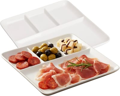 Excellent Houseware Hapjes / Tapas serveerschaal - 2x - poselein - wit - 25 cm - met vakken - vierkant
