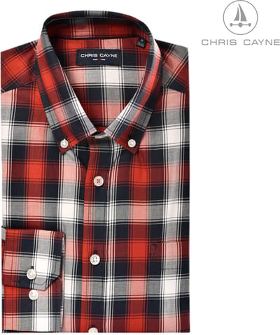 Chris Cayne heren overhemd lange mouw - borstzak - M - donkerblauw/rood/offwhite - geruit patroon - Katoen - borstzak