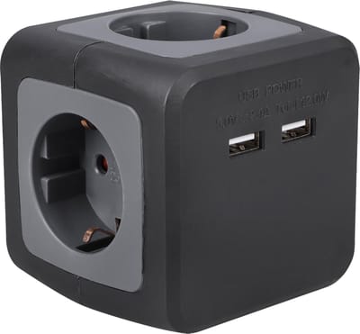 Q-Link stekkerdoos – 4–voudig – Powercube – randaarde – 2 x USB – 3 x 1.5 mm² – 1.5 m – zwart – grijs