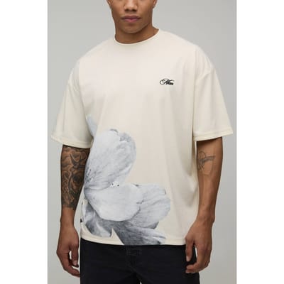 Oversized T-shirt Met Asymmetrische Bloemenprint In Zware Interlockstof | Ecru | Size XS