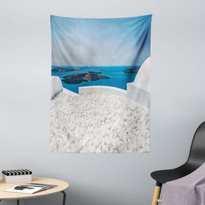 ABAKUHAUS Reiswandtapijt en sprei, Santorini-eiland, 110 x 150 cm, turquoise en wit