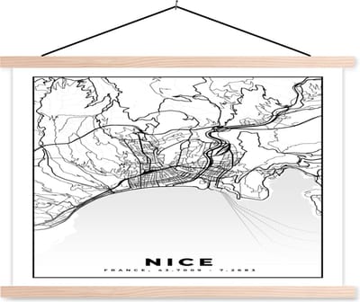 Posterhanger incl. Poster 90x60 cm - Schoolplaat - Kaart - Nice - Plattegrond - Frankrijk - Stadskaart - Zwart wit - Textielposter - Blanke latten - Stadskaart