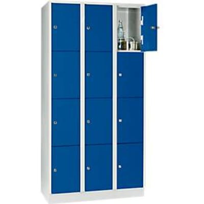 Vakkenkast 300 mm, 3 afdelingen, 12 vakken, veiligheidscilinderslot, sokkel, gentiaanblauw