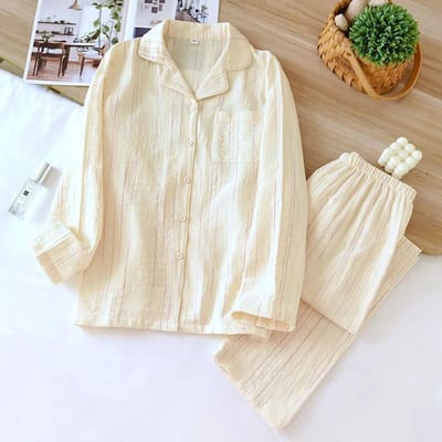 Lente en Herfst Nieuwe Japanse Stijl Pyjamaset 100% Katoen Gestreept Lange Mouwen en Broek Tweedeelig Set Dunne Huis Kleding L beige