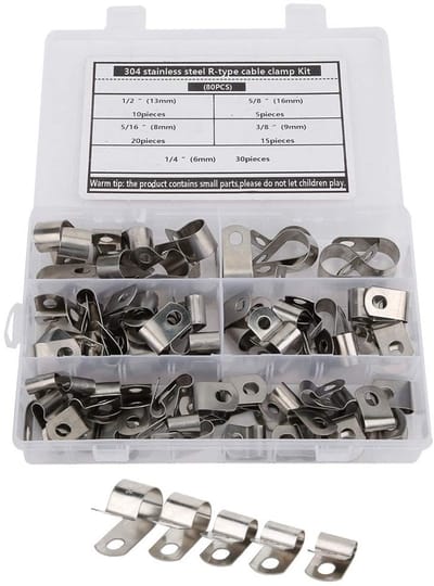 Dailygoods- Kabelclips Roestvrij Staal 80 Stuks - R-Type Clip - Kabelklemset - Geschikt voor Draden/Pijpen - Diverse Maten - Voor Binnen/Buiten - Klemmen