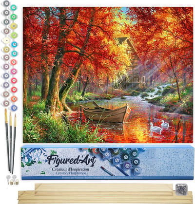 Figured'Art Schilderen op Nummer Volwassenen canvas Rivier en boot in de herfst - Handwerk acrylverf Kit DIY Compleet - 40x50cm met DIY houten lijst