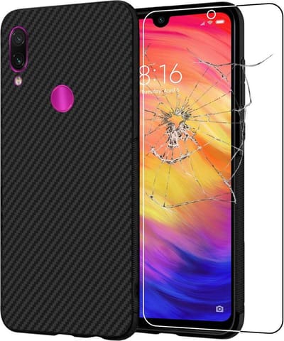 ebestStar - Hoes geschikt voor Xiaomi Redmi Note 7, Note 7 Pro, Hoogwaardig Zacht TPU Bescherming, Koolstof Design Hoesje, Zwart + Gehard Glas