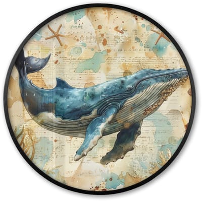 Poster in lijst Rond - Fotolijst 60x60 cm - Posters - Vintage - Walvis - Watercolor - Blauw - Zeedieren - Ronde posterlijst zwart - Decoratie - Wanddecoratie woonkamer - Muurdecoratie slaapkamer