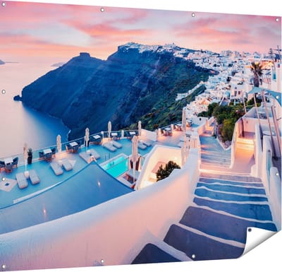 Gards Tuinposter Luxe Huisjes aan de Kust in Fira, Griekenland - 150x120 cm - Tuindoek - Tuindecoratie - Wanddecoratie buiten - Tuinschilderij